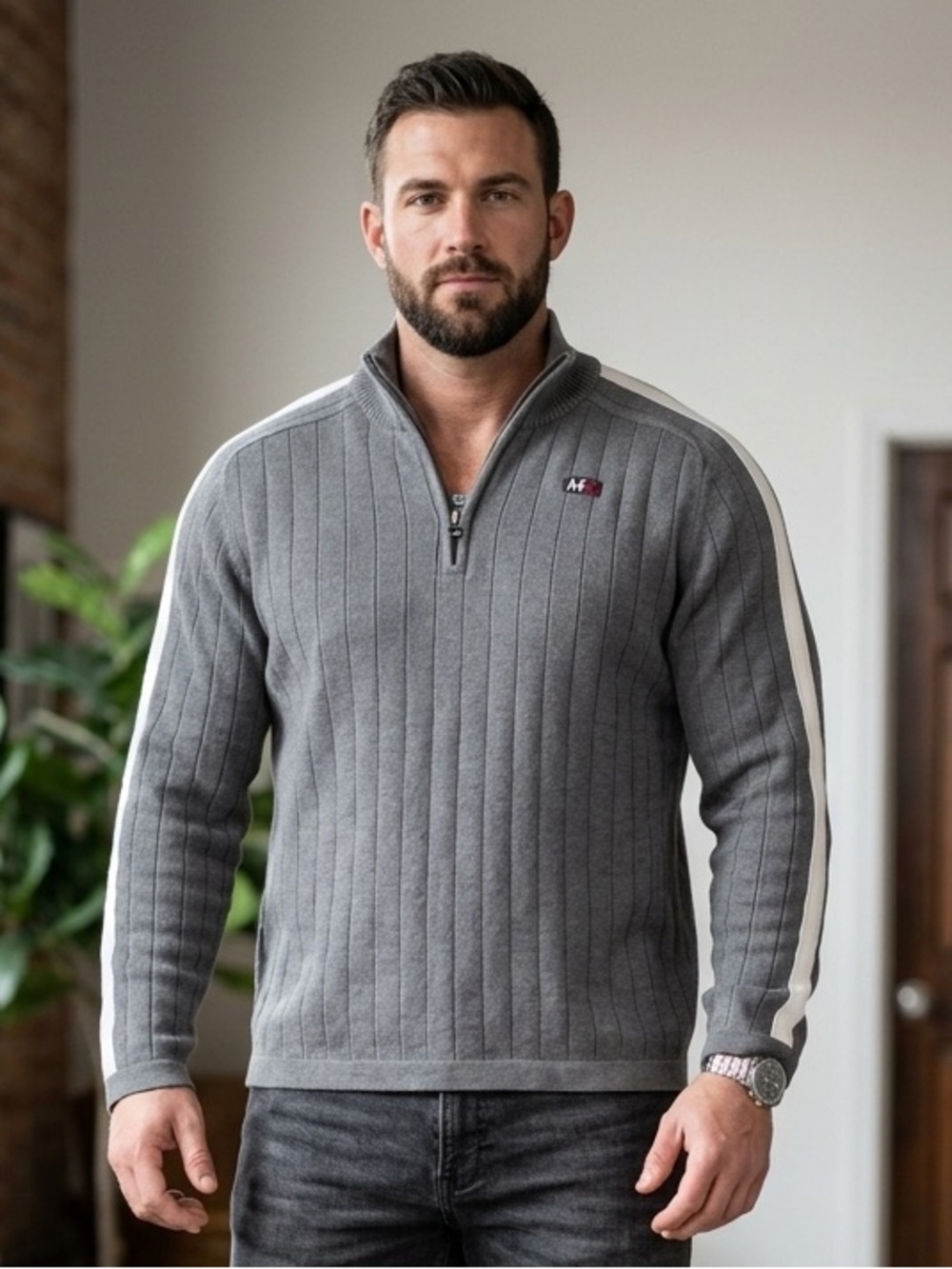 Abercrombie & Fitch Gray Quarter-Zip Sweater with White Sleeve Stripe Size XL
